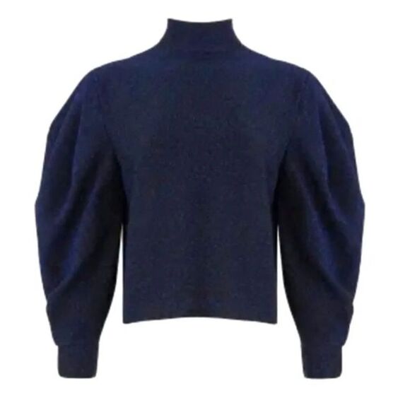 PatBo mock neck sweater sparkly lurex navy turtleneck knit top blouson sleeve M - Picture 2 of 10